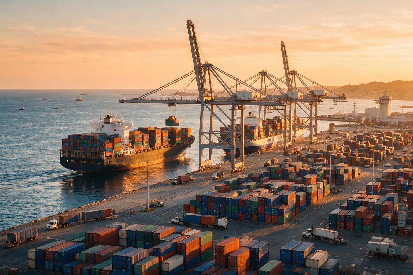 Container ship being loaded at a busy shipping port