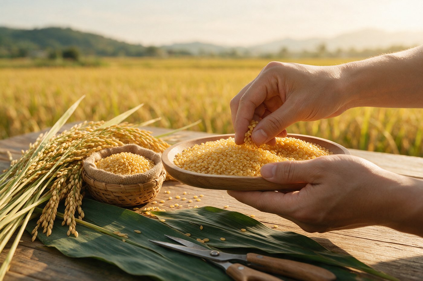 Hands inspecting quality of rice grains at a rice field