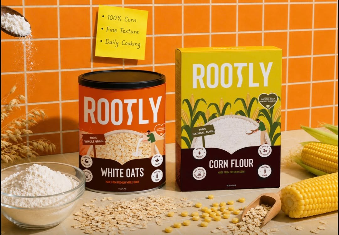 Rootly Corn Flour and White Oats displayed together in a kitchen